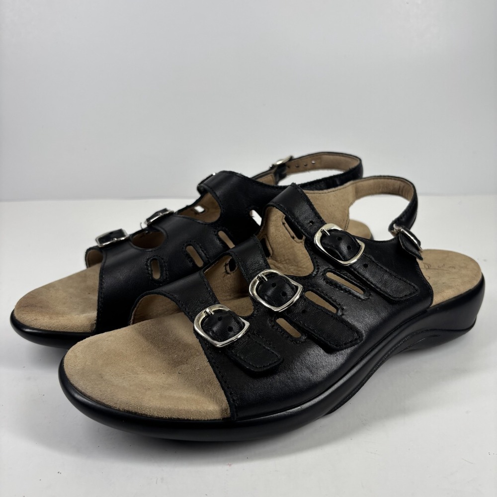 SAS Mystic Women's US 9W Black Leather Comfort Slingback Strappy Buckle Sandals